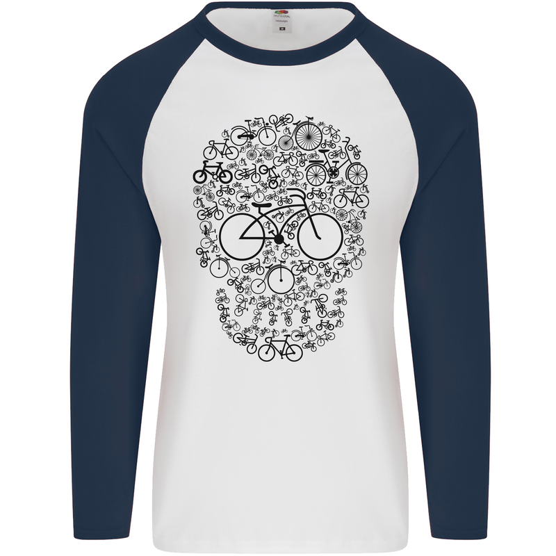 Bicycle Skull Cyclist Funny Cycling  Bike Mens L/S Baseball T-Shirt White/Navy Blue