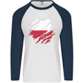 Torn Poland Flag Polish Day Football Mens L/S Baseball T-Shirt White/Navy Blue