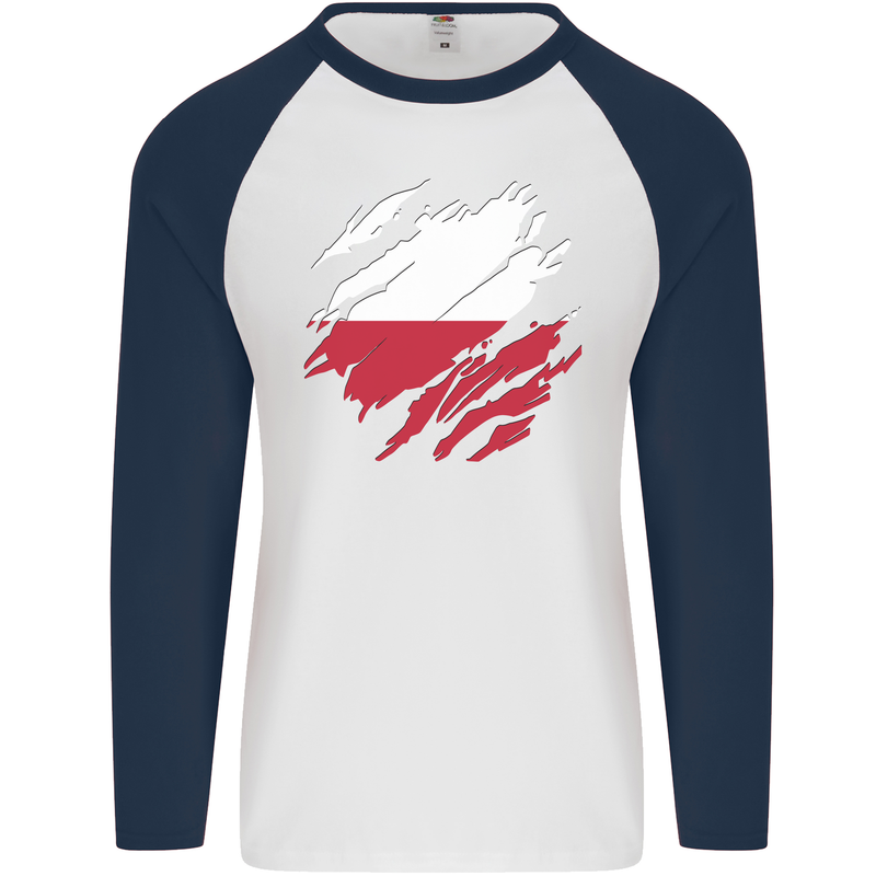 Torn Poland Flag Polish Day Football Mens L/S Baseball T-Shirt White/Navy Blue