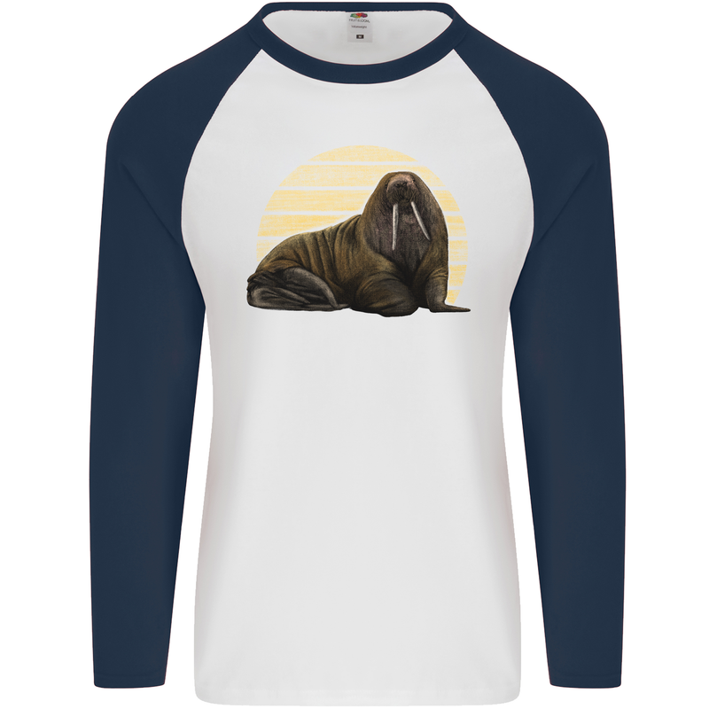 A Walrus Painting Mens L/S Baseball T-Shirt White/Navy Blue