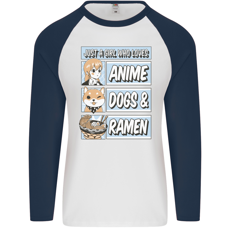 A Girl Who Loves Anime Dogs & Ramen Mens L/S Baseball T-Shirt White/Navy Blue