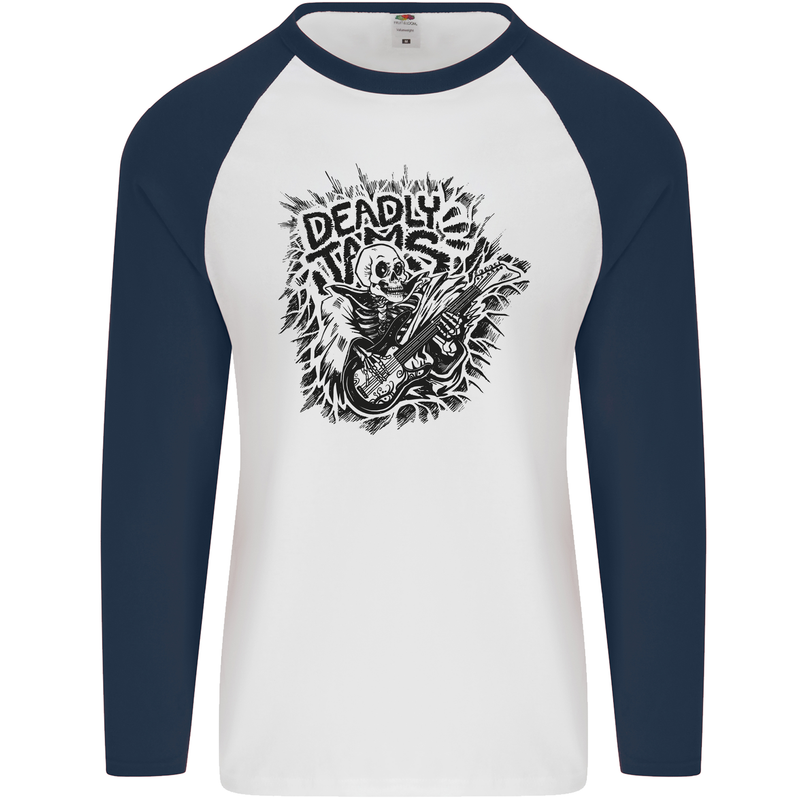 Deadly Tams Guitar Guitarist Rock Metal Punk Mens L/S Baseball T-Shirt White/Navy Blue