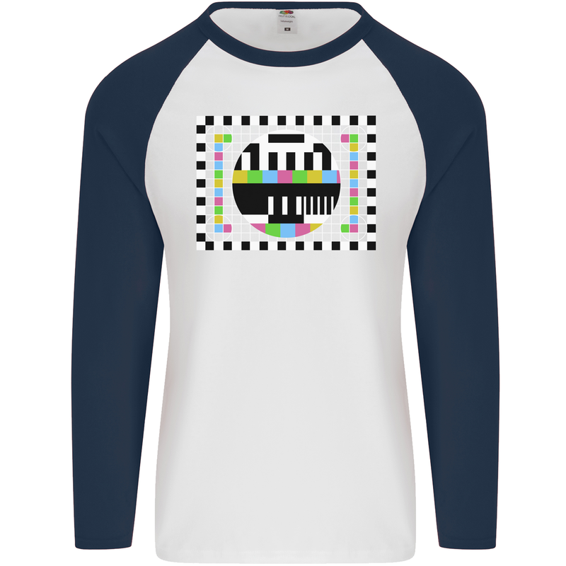 TV Test Pattern as Worn by Mens L/S Baseball T-Shirt White/Navy Blue