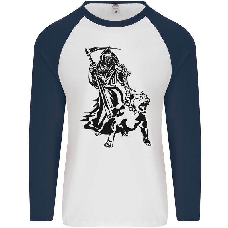 Pitbull Grim Reaper Dog Skull Satan Demon Mens L/S Baseball T-Shirt White/Navy Blue