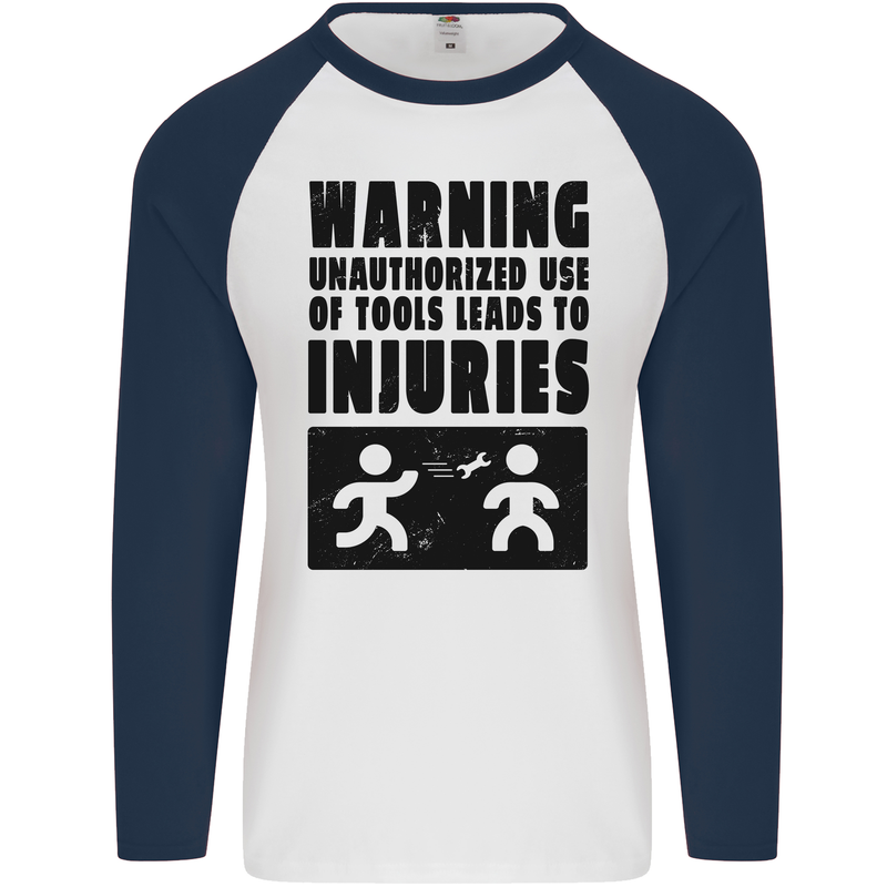 Warning Tools DIY Tradesman Carpenter Mens L/S Baseball T-Shirt White/Navy Blue