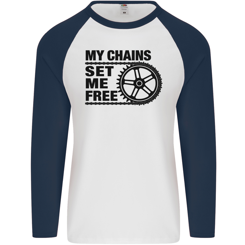 My Chains Set Me Free Cycling Cyclist Bike Mens L/S Baseball T-Shirt White/Navy Blue