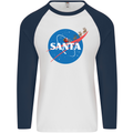 Santa Clause NASA Parody Funny Christmas Mens L/S Baseball T-Shirt White/Navy Blue