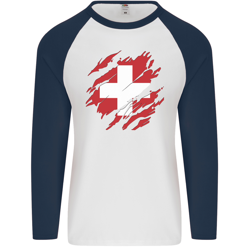 Torn Switzerland Flag Swiss Day Football Mens L/S Baseball T-Shirt White/Navy Blue