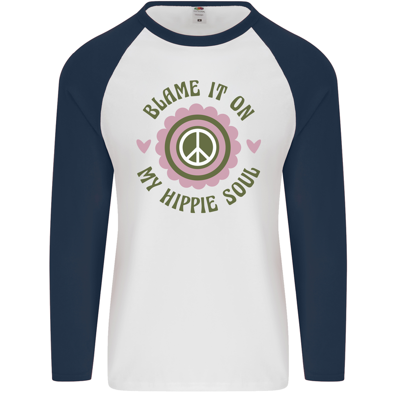 Blame It on My Hippy Soul 60s 70s Flower Power Mens L/S Baseball T-Shirt White/Navy Blue