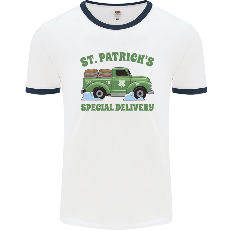 St Patricks Beer Delivery Funny Alcohol Guiness Mens Ringer T-Shirt White/Navy Blue