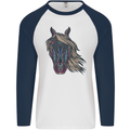 A Tribal Horse Equestrian Mens L/S Baseball T-Shirt White/Navy Blue