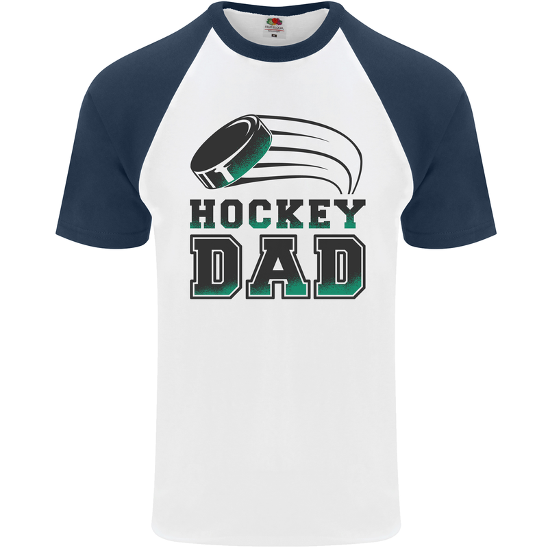 Ice Hockey Dad Fathers Day Mens S/S Baseball T-Shirt White/Navy Blue