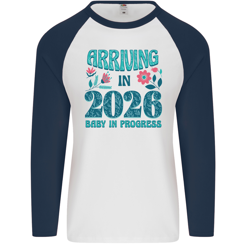 Arriving 2026 New Baby Pregnancy Pregnant Mens L/S Baseball T-Shirt White/Navy Blue