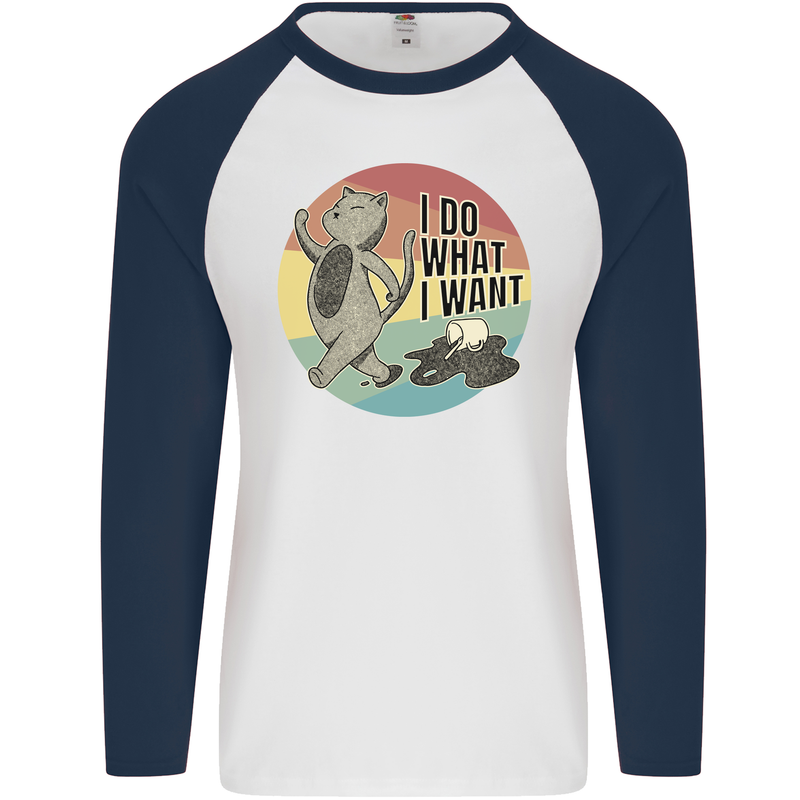 Cat I Do What I Want Funny Coffee Mens L/S Baseball T-Shirt White/Navy Blue