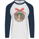 Funny Christmas Cats Bauble Mens L/S Baseball T-Shirt White/Navy Blue
