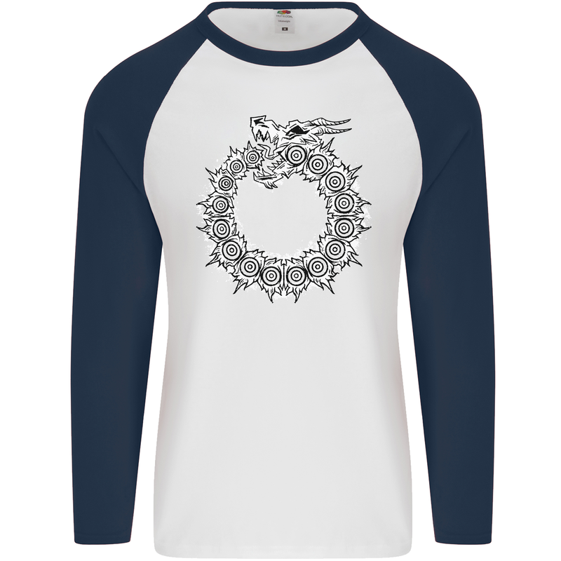 Dragon Symbol Fantasy Chinese Japanese Mens L/S Baseball T-Shirt White/Navy Blue