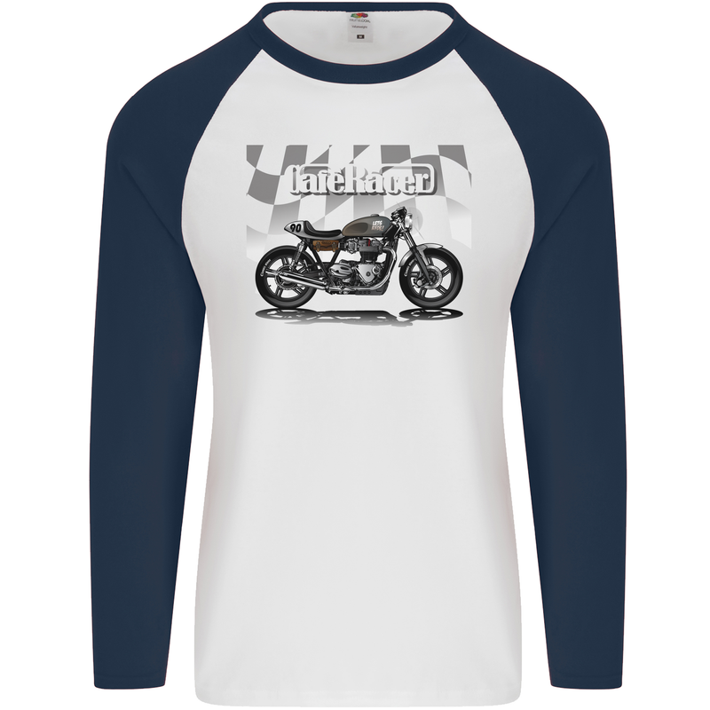 Cafe Racer Motorbike Motorcycle Biker Mens L/S Baseball T-Shirt White/Navy Blue