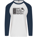 Eat Sleep Hockey Repeat Street Ice Funny Mens L/S Baseball T-Shirt White/Navy Blue
