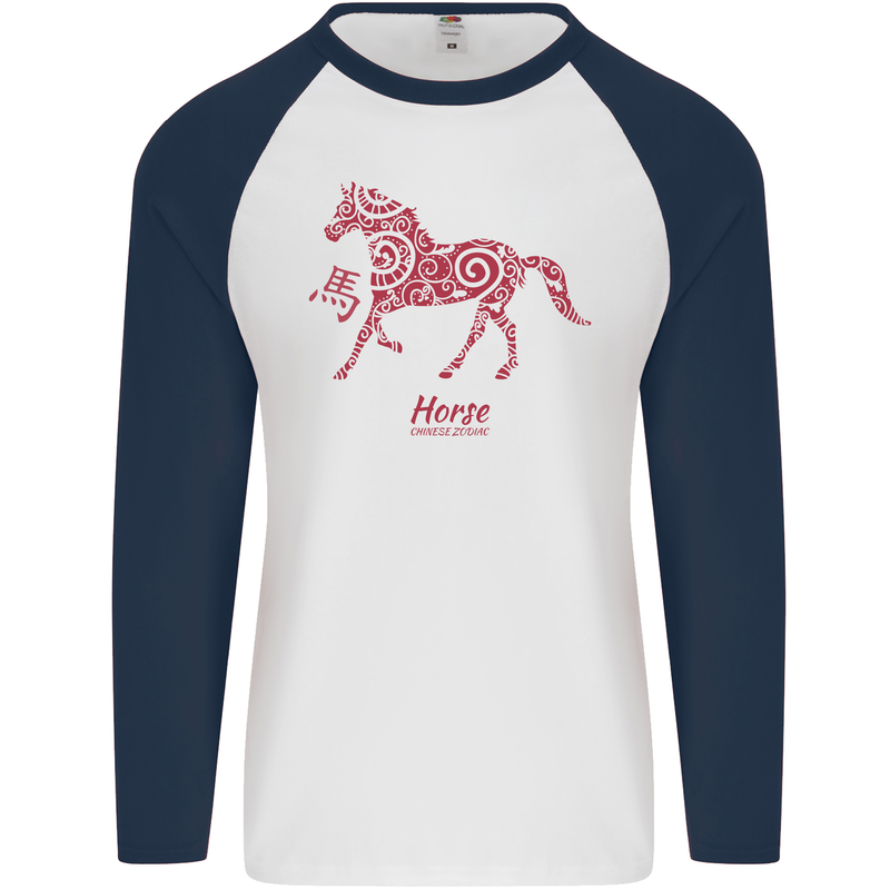 Chinese Zodiac Shengxiao Year of the Horse Mens L/S Baseball T-Shirt White/Navy Blue