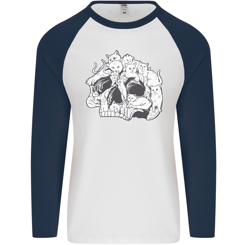 A Skull Made of Cats Mens L/S Baseball T-Shirt White/Navy Blue