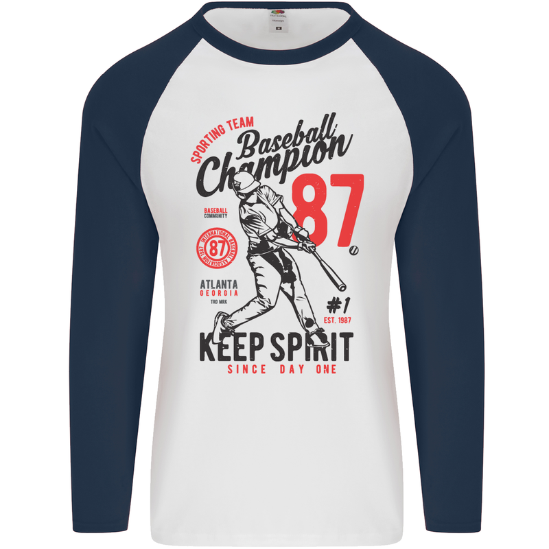 Baseball Champion Player Mens L/S Baseball T-Shirt White/Navy Blue