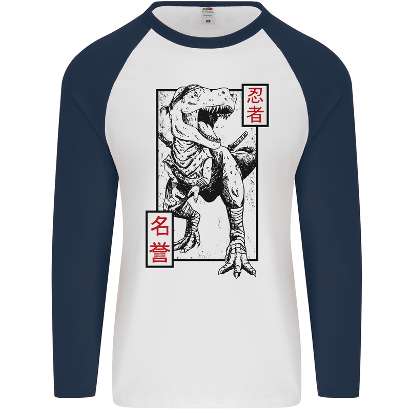 Japanese T-Rex Ninja MMA Mixed Martial Arts Mens L/S Baseball T-Shirt White/Navy Blue