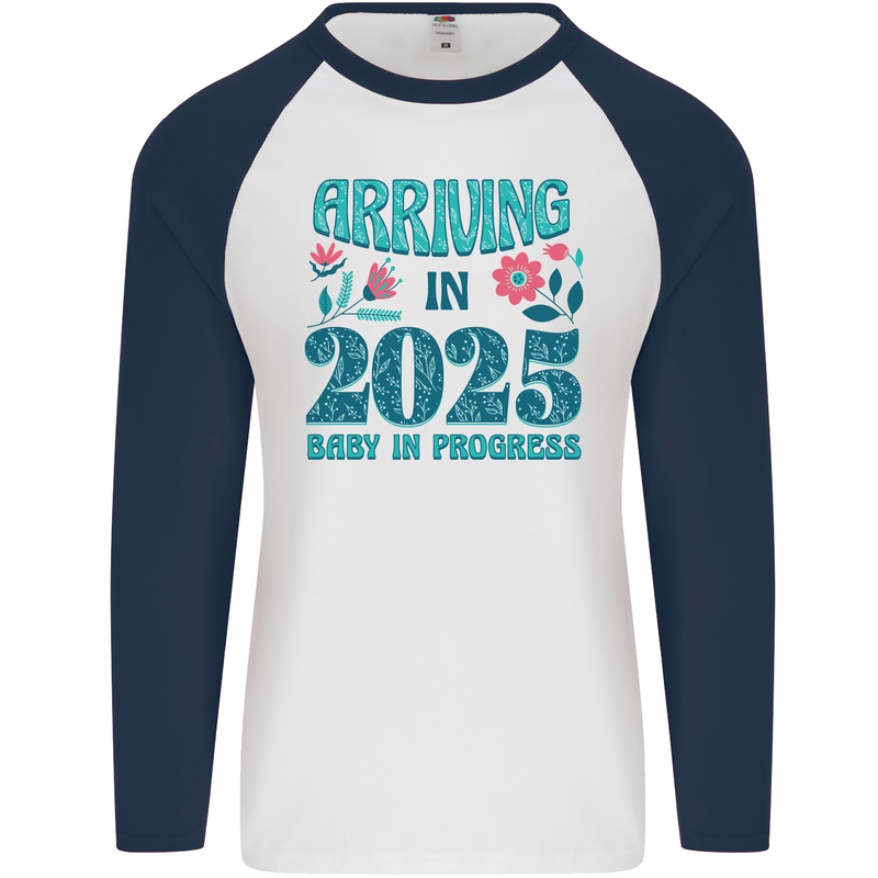 Arriving 2025 New Baby Pregnancy Pregnant Mens L/S Baseball T-Shirt White/Navy Blue