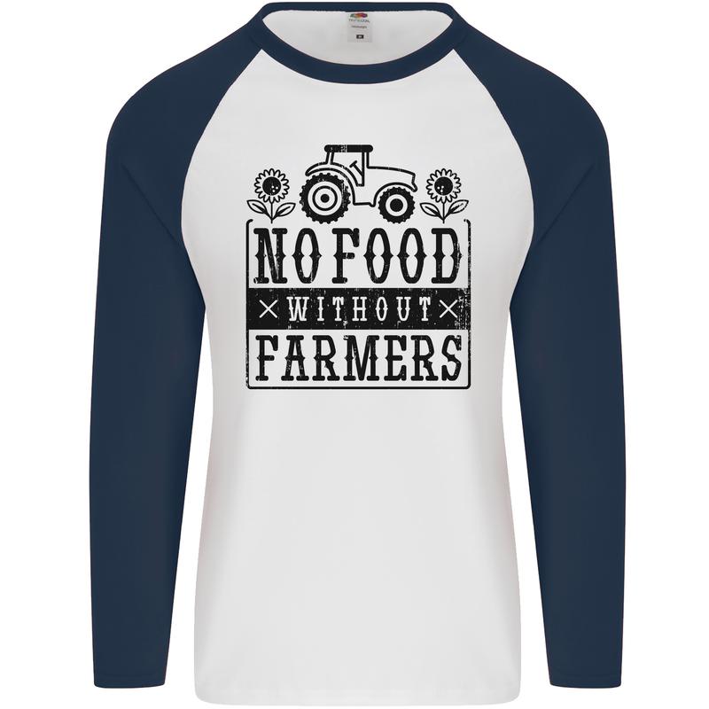 No Food Without Farmers Farming Mens L/S Baseball T-Shirt White/Navy Blue