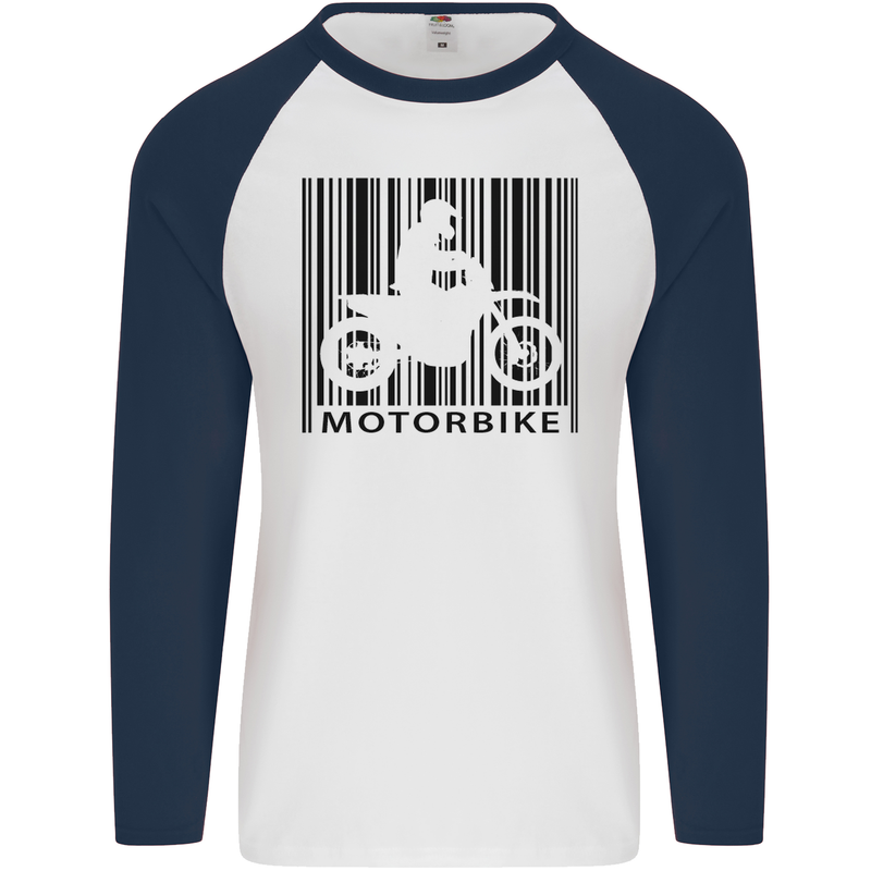 Motorbike Barcode Biker Motorcycle Mens L/S Baseball T-Shirt White/Navy Blue