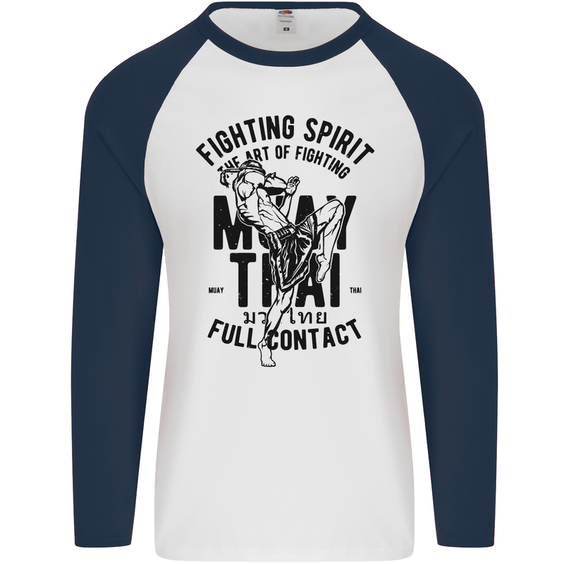 Muay Thai Full Contact Martial Arts MMA Mens L/S Baseball T-Shirt White/Navy Blue