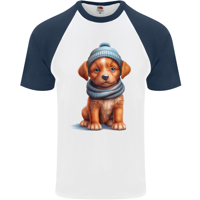 Winter Puppy With Hat and Scarf Dog Mens S/S Baseball T-Shirt White/Navy Blue