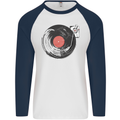 Distressed Vinyl Turntable DJ DJing Mens L/S Baseball T-Shirt White/Navy Blue