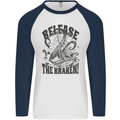 Release the Kraken Cthulhu Sea Creature Mens L/S Baseball T-Shirt White/Navy Blue