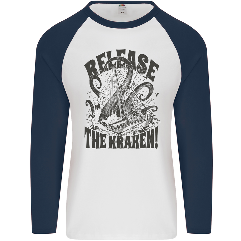 Release the Kraken Cthulhu Sea Creature Mens L/S Baseball T-Shirt White/Navy Blue