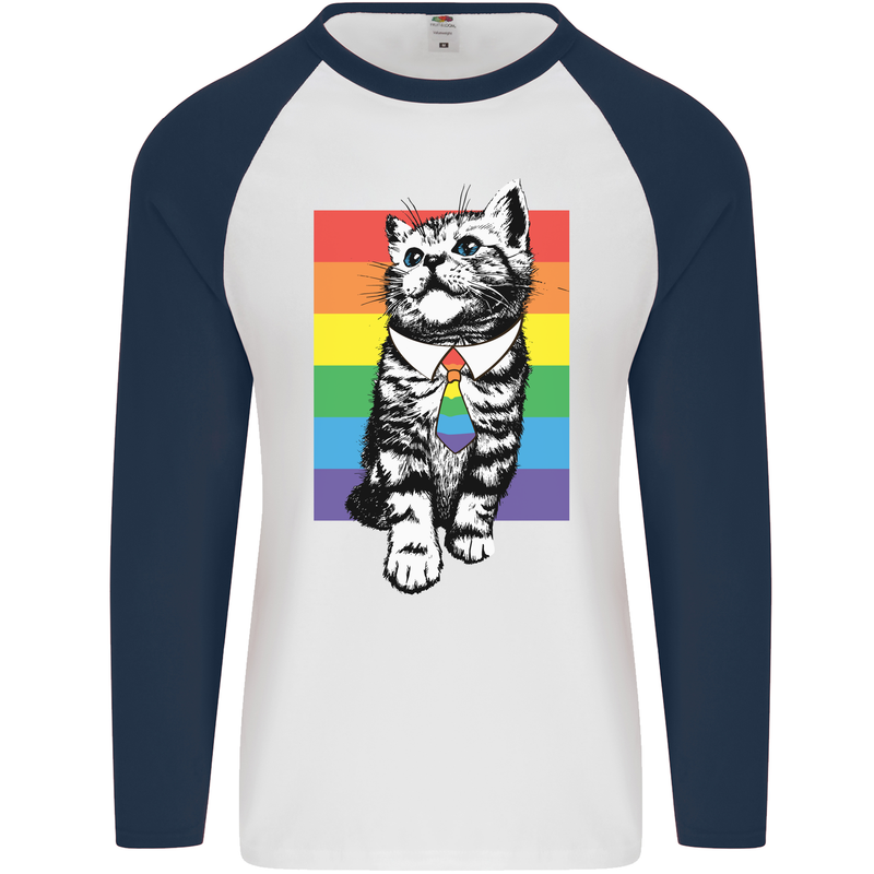 LGBT Cat Gay Pride Day Awareness Mens L/S Baseball T-Shirt White/Navy Blue