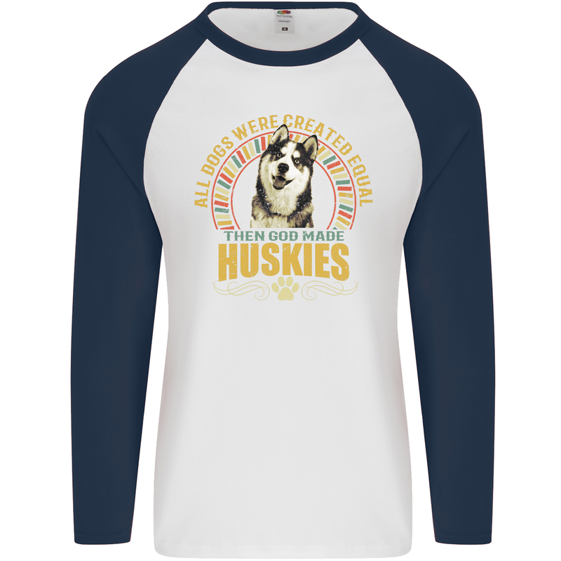 A Huskies Dog Mens L/S Baseball T-Shirt White/Navy Blue