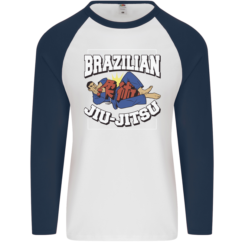 Brazilian Jiu Jitsu Mens L/S Baseball T-Shirt White/Navy Blue