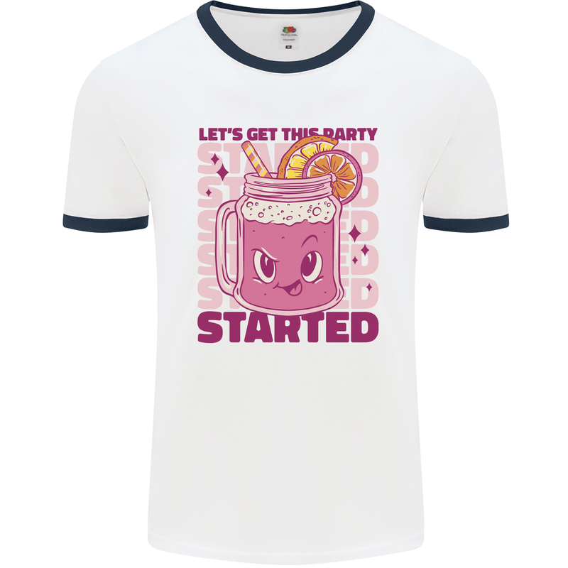 Party Started Alcohol Beer Hen Doo Stag Do Mens Ringer T-Shirt White/Navy Blue