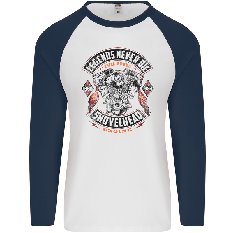 Legends Never Die Biker Motorbike Mens L/S Baseball T-Shirt White/Navy Blue