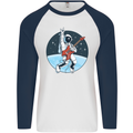 Space Rock Funny Astronaut Guitar Guitarist Mens L/S Baseball T-Shirt White/Navy Blue