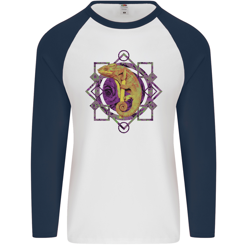 A Geometric Chameleon Mens L/S Baseball T-Shirt White/Navy Blue