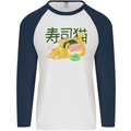 Sushi Cat Mens L/S Baseball T-Shirt White/Navy Blue