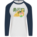 Sushi Cat Mens L/S Baseball T-Shirt White/Navy Blue