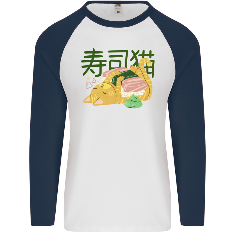 Sushi Cat Mens L/S Baseball T-Shirt White/Navy Blue