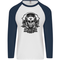 Apocalyptic Survival Skull Gamer Gaming Mens L/S Baseball T-Shirt White/Navy Blue