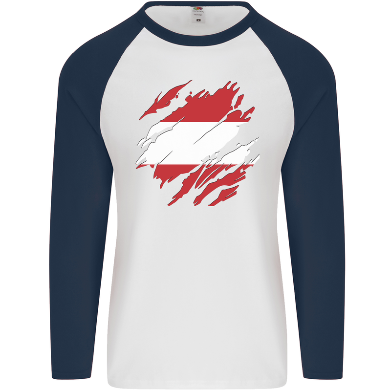 Torn Austria Flag Austrian Day Football Mens L/S Baseball T-Shirt White/Navy Blue