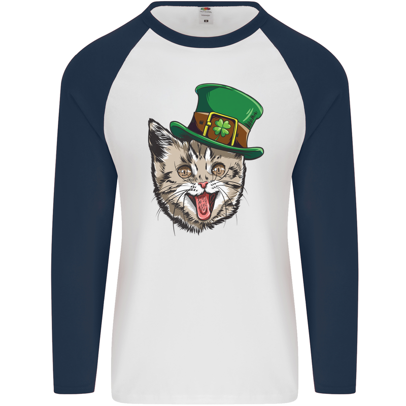 St Patricks Day Cat Funny Irish Mens L/S Baseball T-Shirt White/Navy Blue