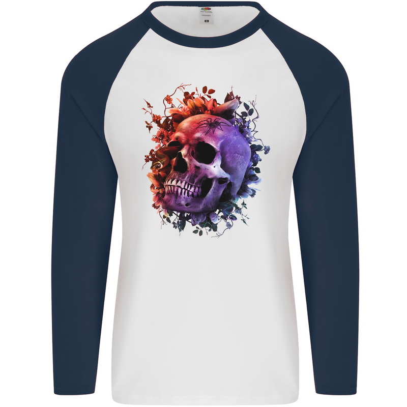 Skull With Spider Flowers and Spider Mens L/S Baseball T-Shirt White/Navy Blue