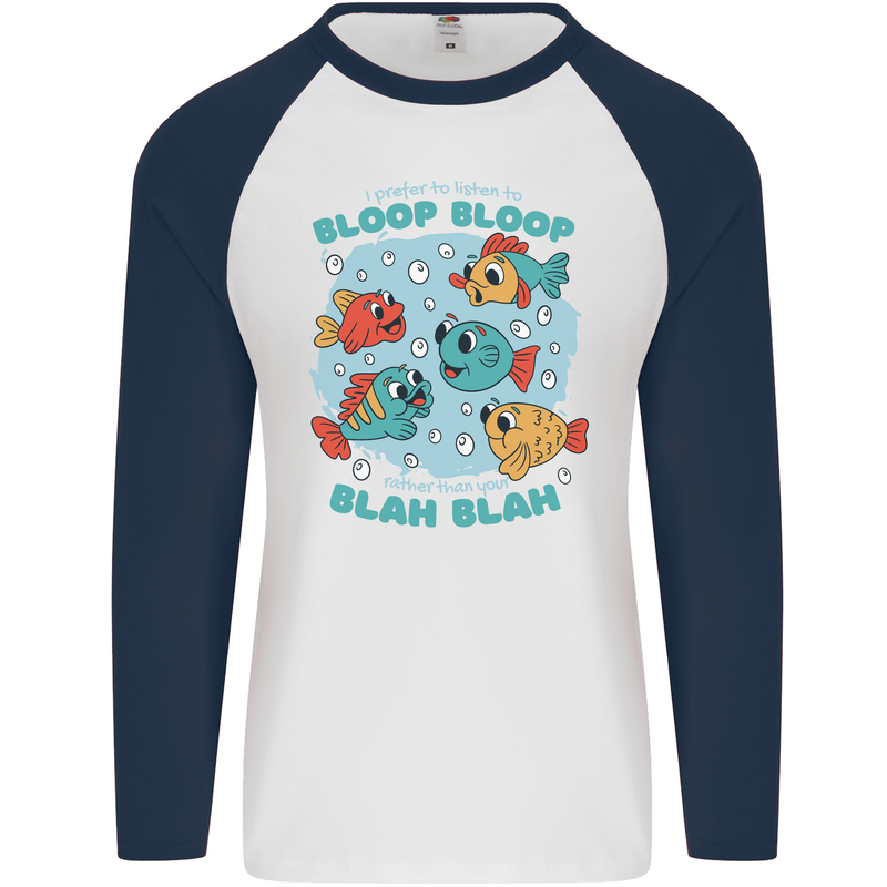 Bloop Bloop Funny Fishing Fisherman Mens L/S Baseball T-Shirt White/Navy Blue