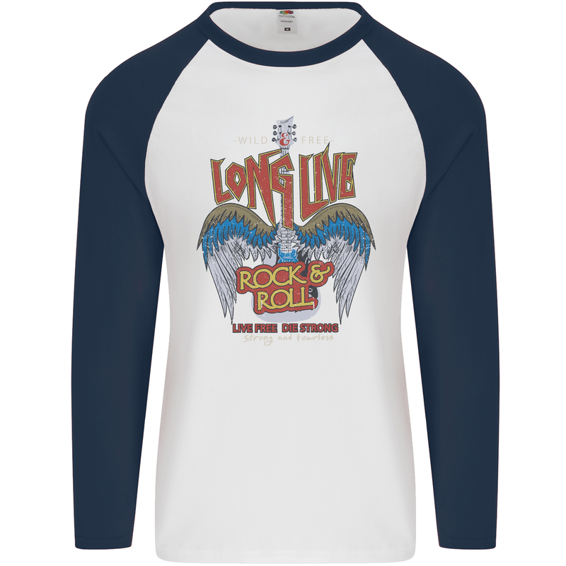 Long Live Rock n Roll Heavy Metal Guitar Mens L/S Baseball T-Shirt White/Navy Blue